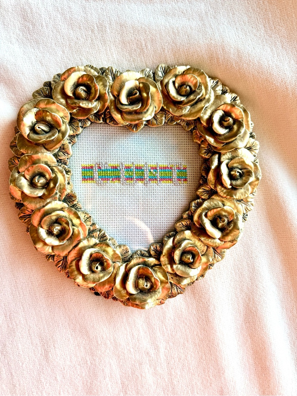 Heart-Shaped Floral Frame in Gold with hand stitched cross stitch message